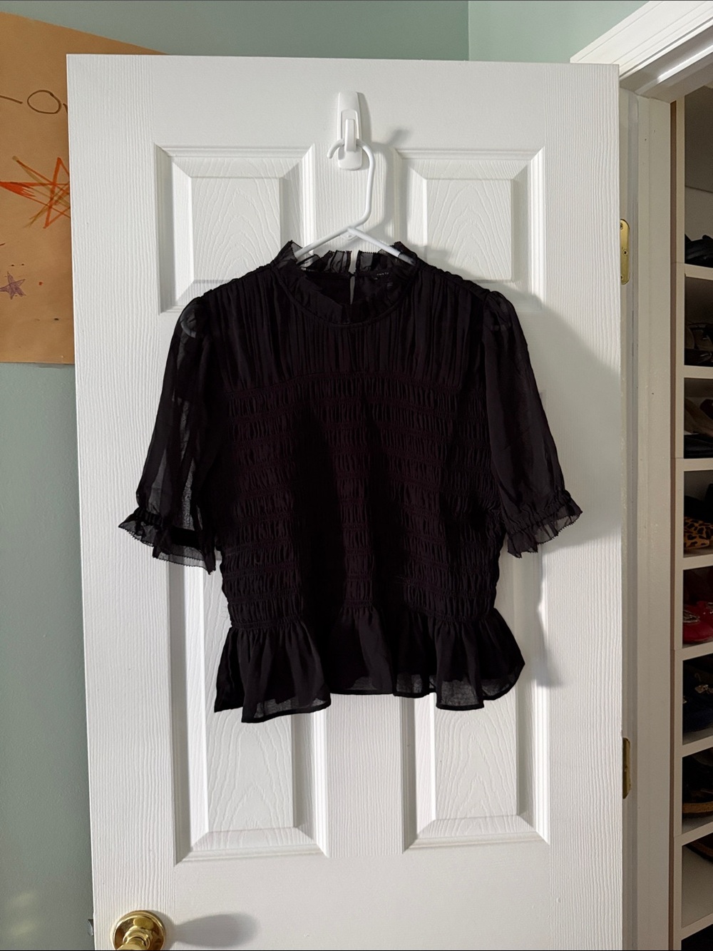 Ann Taylor Black Ruffled Smocked Blouse